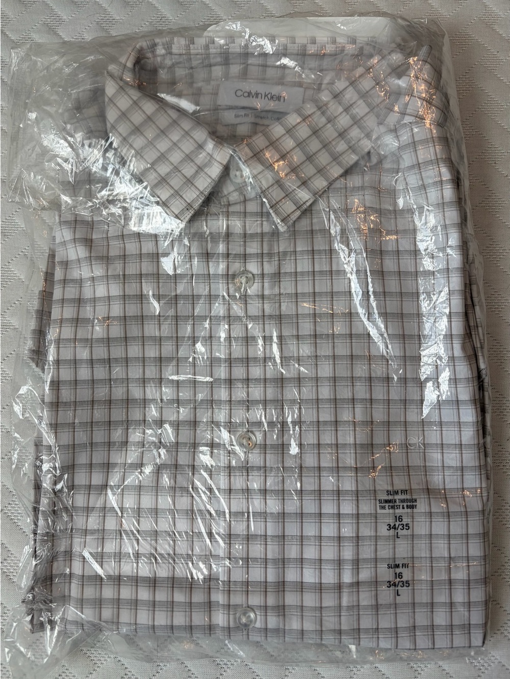 NWT Calvin Klein Men’s White and Light Brown Plaid Dress Shirt